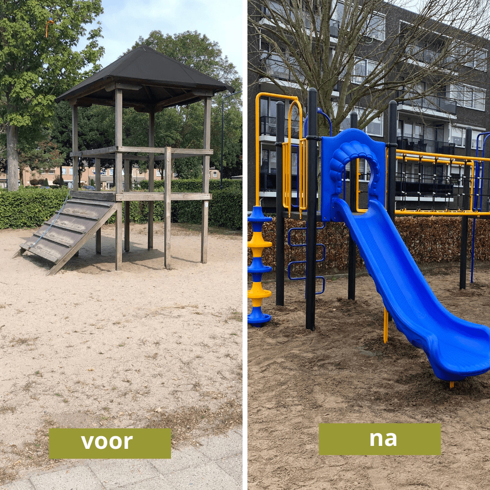 Voor en na situatie op schoolplein OBS De Vlindertuini n Dongen waar wij metalen speeltoestel met kunststof glijbaan hebben geplaatst.